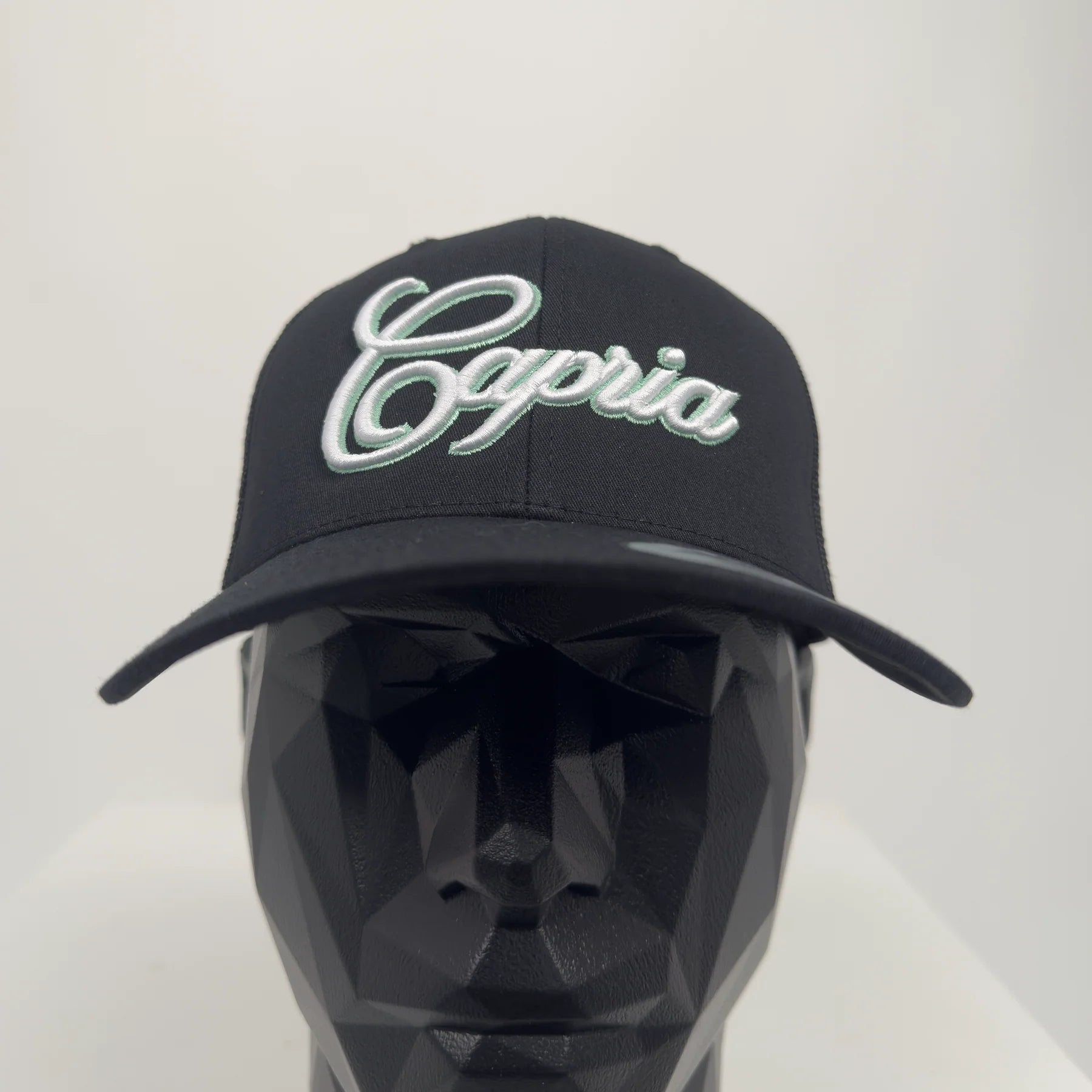 Black cap with 'Capria' embroidery on a mannequin head against a white background